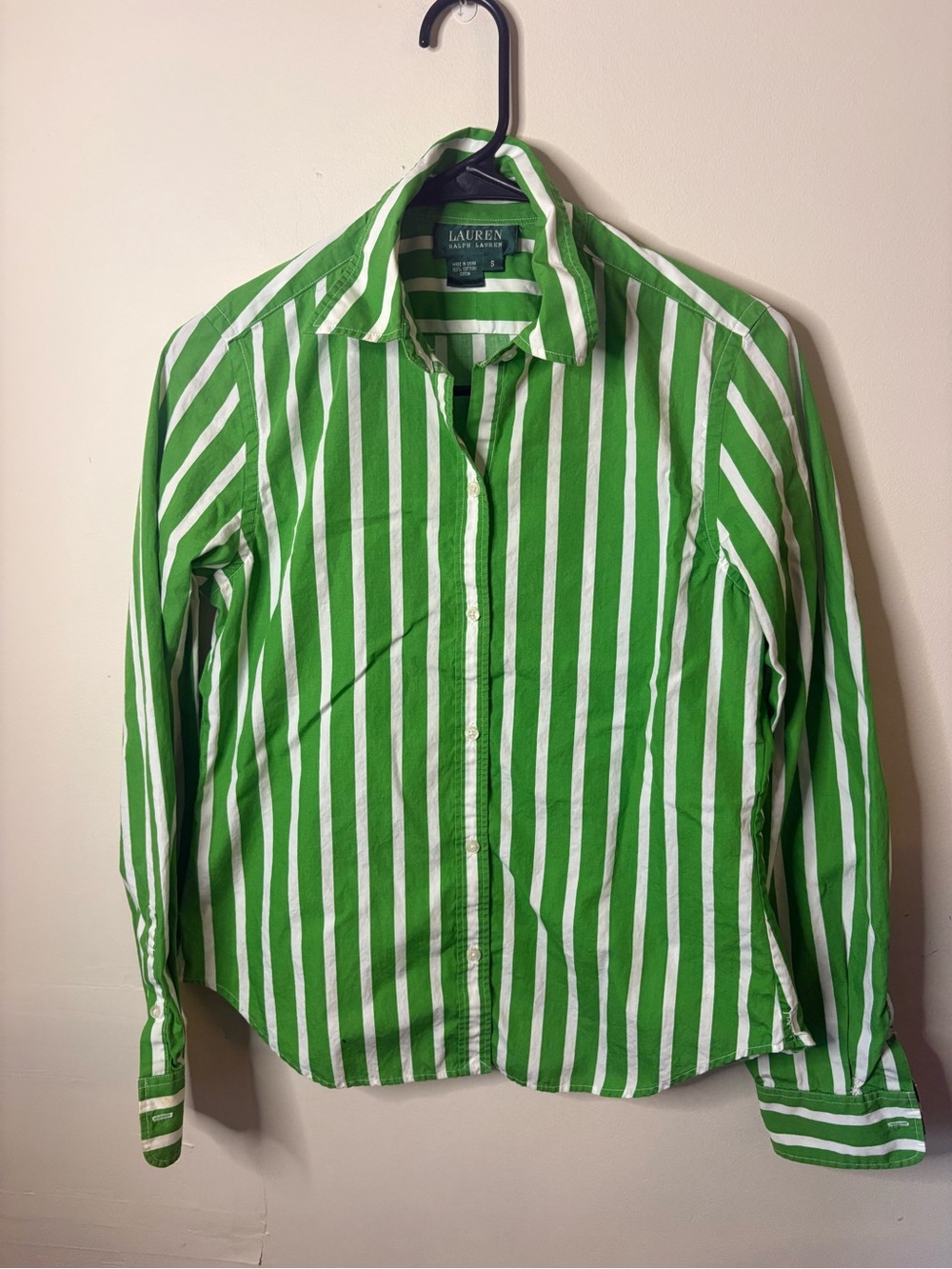 Women's Lauren Ralph Lauren Green and White Striped Button Down Size S